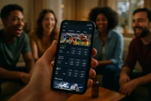 Fanatics betting app shown on a phone beside a state compliance map