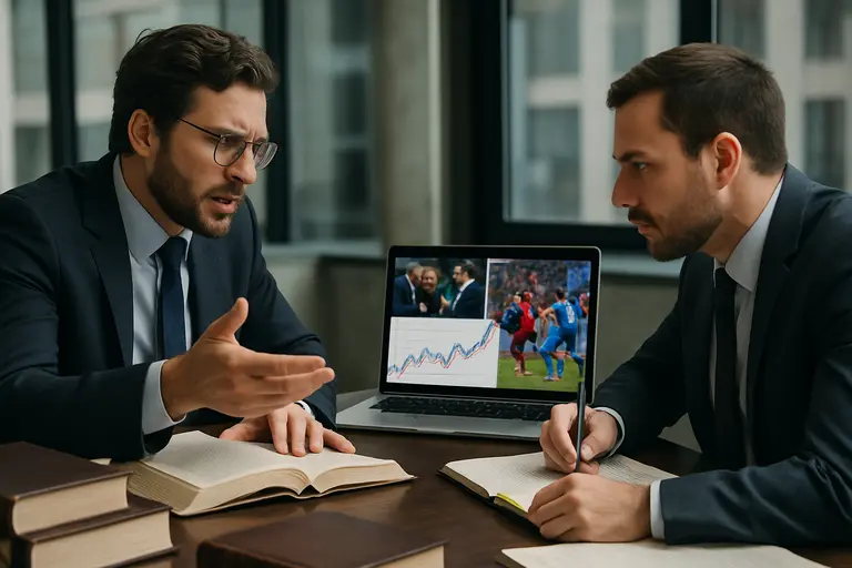 Gavel beside a tablet displaying generic sports market charts