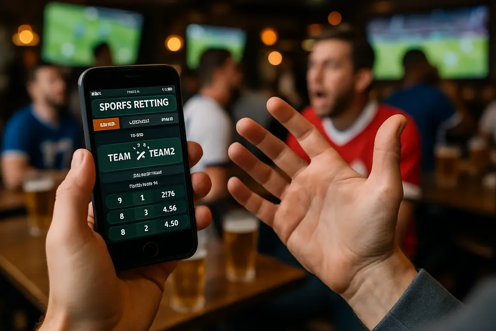 Regulated sports betting app screen beside a football field and a consumer risk checklist